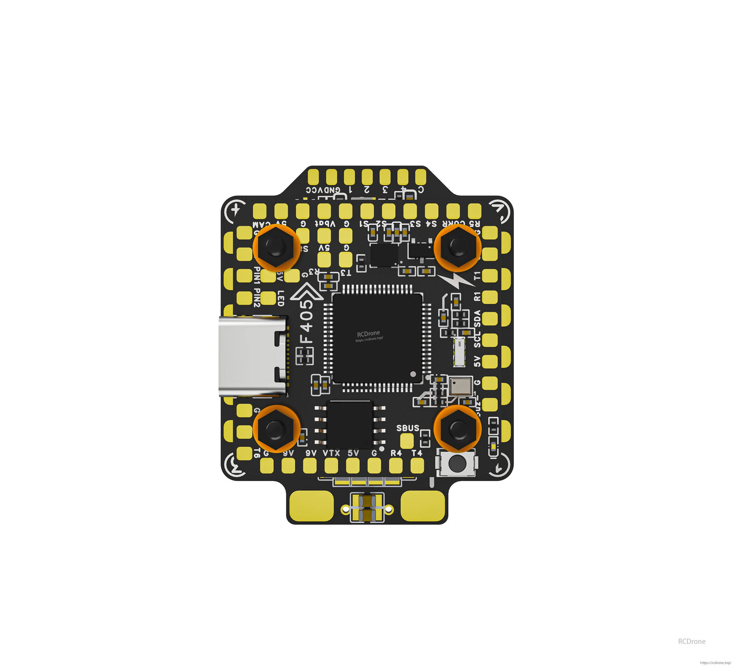 Top-down view of F405 mini flight controller board with USB-C port, solder pads, and mounting holes