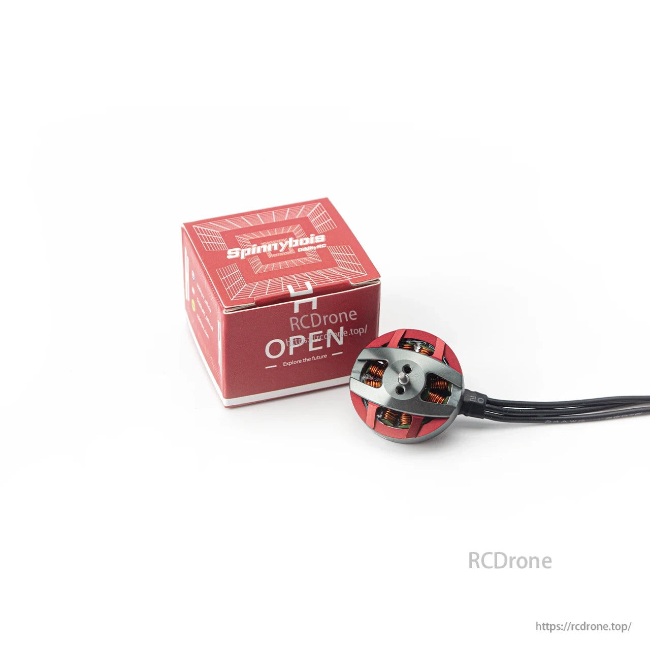 OddityRC Spinnybois motor shown with red retail box packaging and attached wire lead