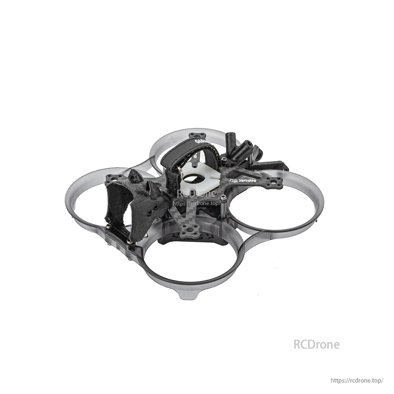 Angled view of XI20 Pro cinewhoop frame highlighting camera cage, battery strap, and prop guard ducts