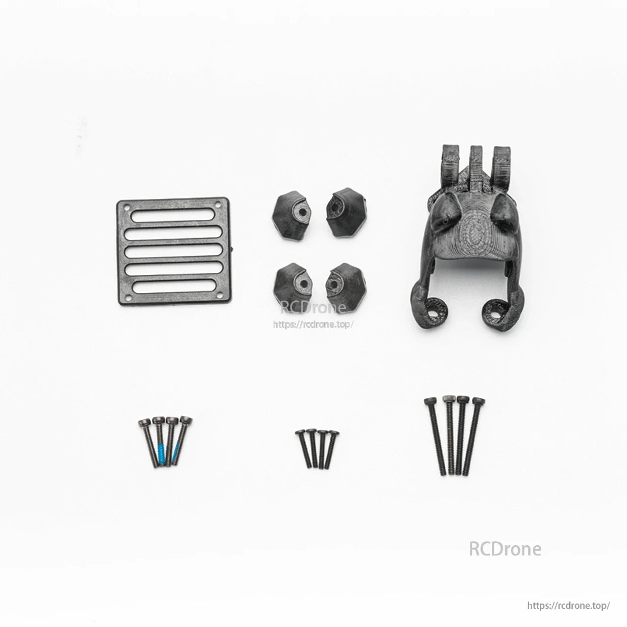 OddityRC XI25 Pro O3 Related Kit contents: 3D-printed mount, slotted plate, four inserts, and screw sets
