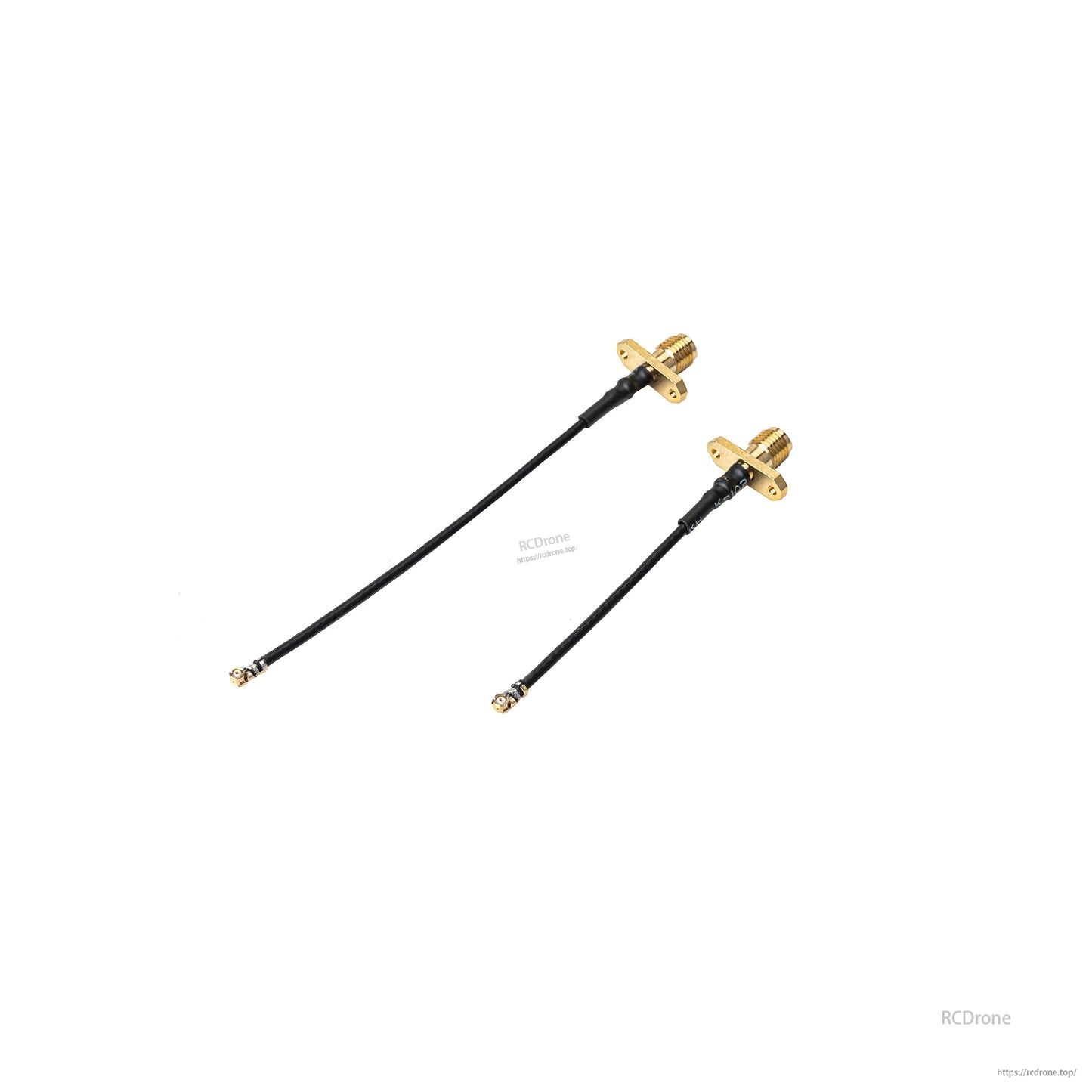 Pair of SMA bulkhead antenna pigtails with black coax leads, angled layout