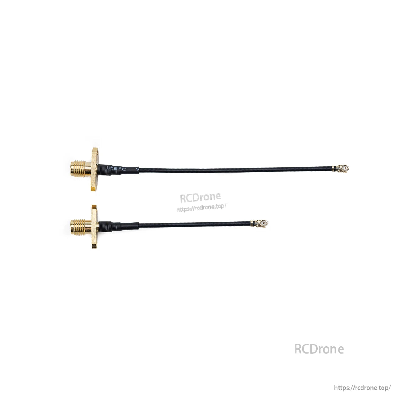 Two RF antenna extension cables with gold bulkhead connectors and small snap-on ends