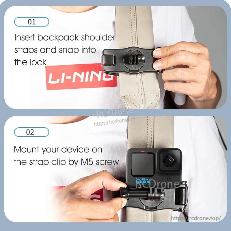 Insert backpack straps, snap into lock, mount device with M5 screw on clip.