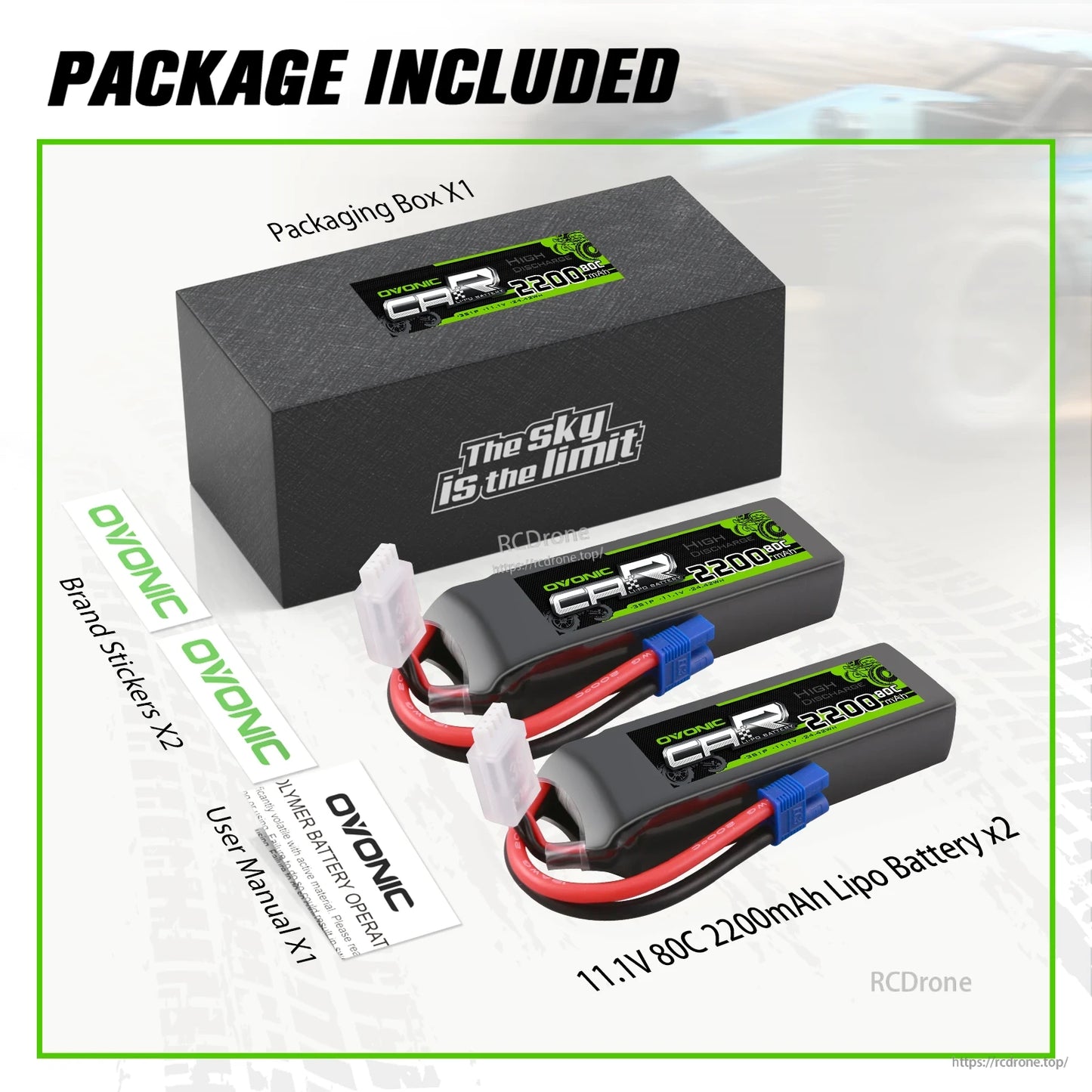 Package included: two 11.1V 80C 2200mAh LiPo batteries, packaging box, stickers and user manual