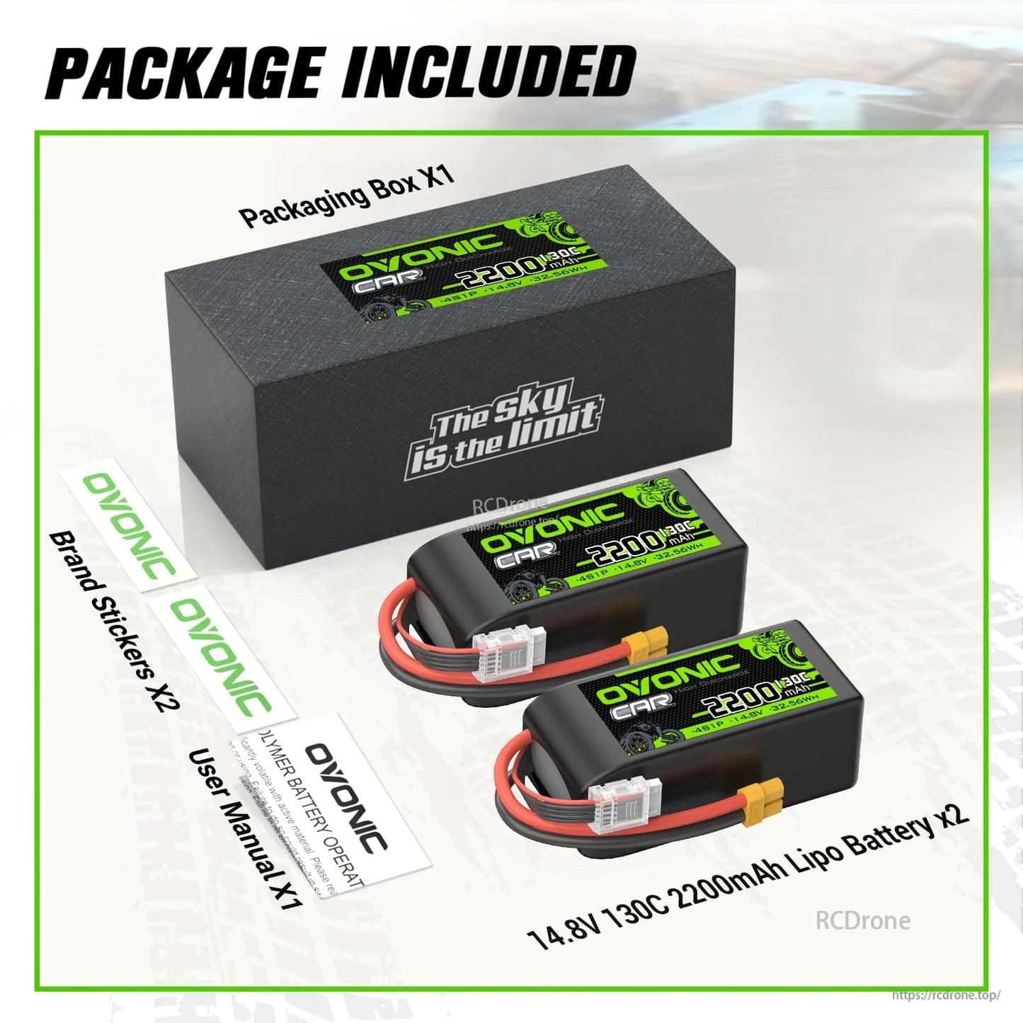 Package contents: Ovonic box, two 14.8V 2200mAh 130C LiPo batteries, brand stickers, and user manual