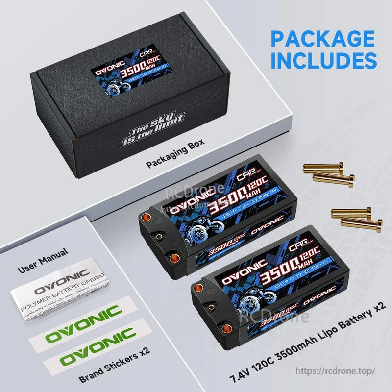 Package includes two 7.4V 3500mAh hardcase LiPo batteries, packaging box, user manual, stickers, bullets