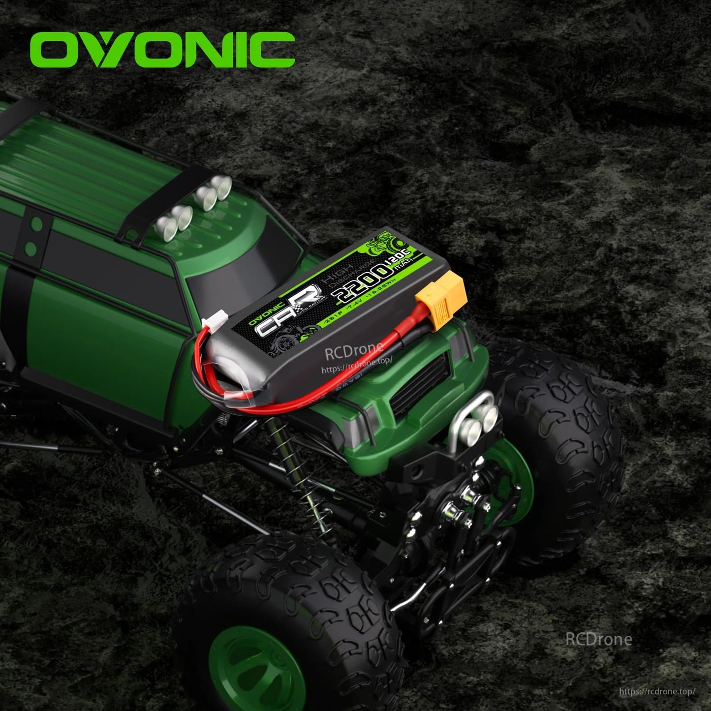 Ovonic 2S 7.4V LiPo battery installed on an RC off-road truck for use case display