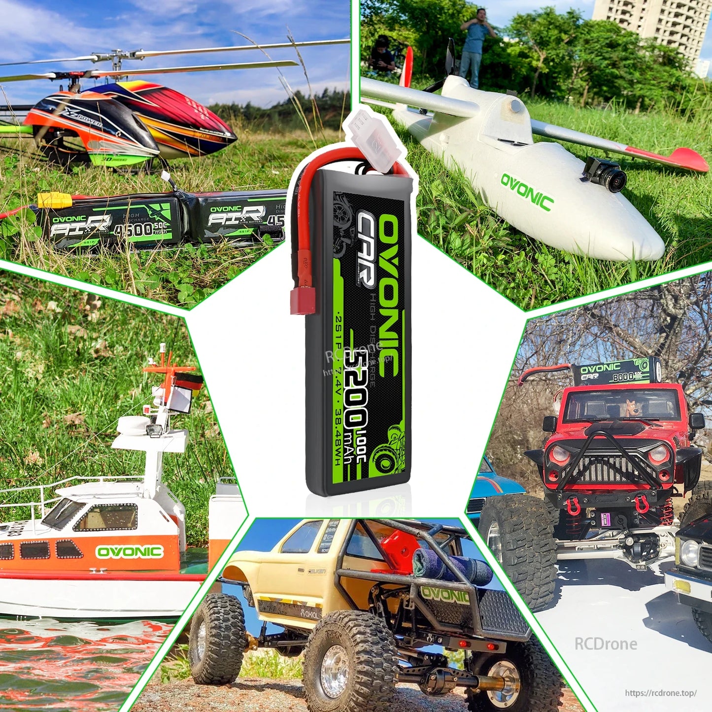 RC model applications collage with battery shown for helicopters, boats, planes and off-road RC cars