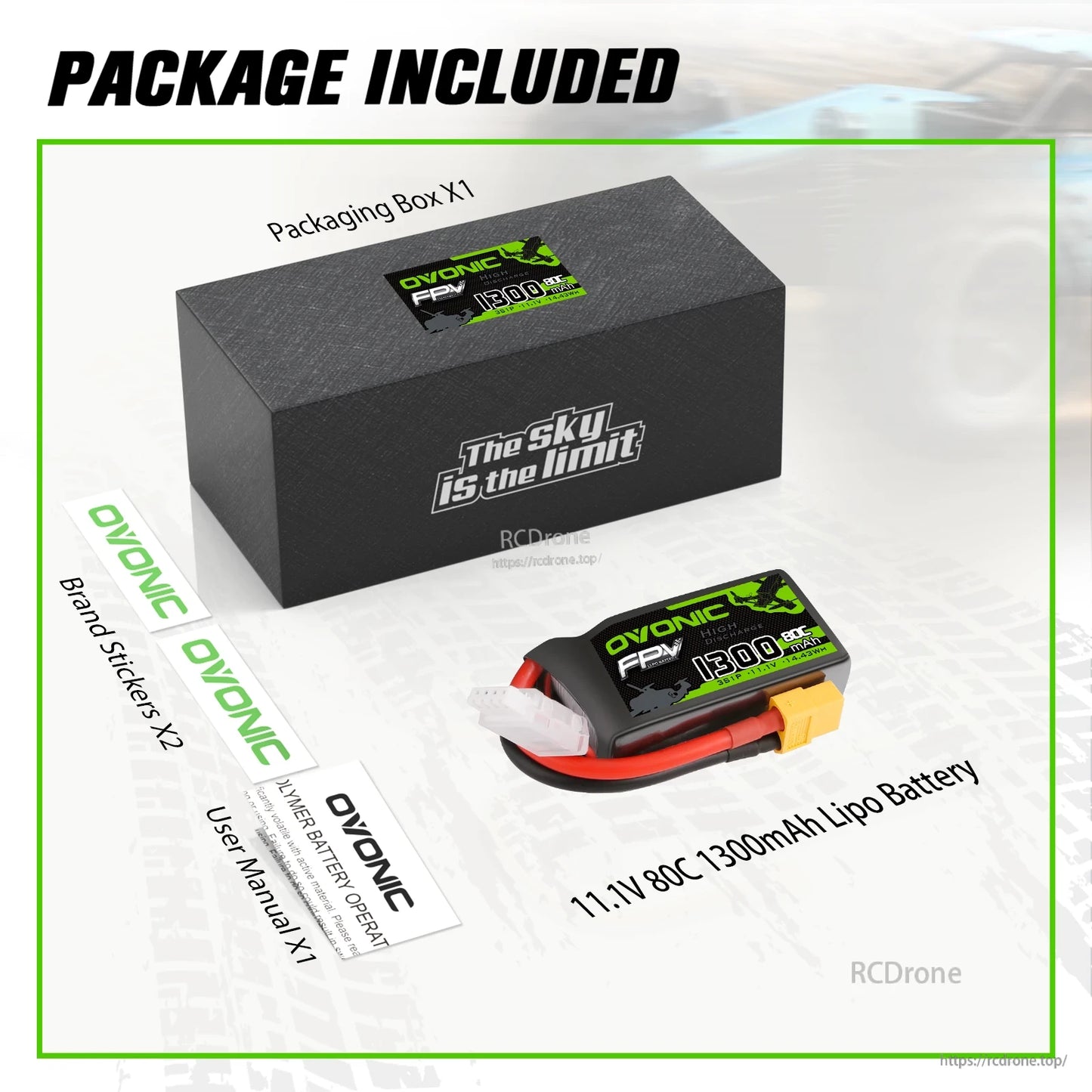 Package contents: Ovonic battery, packaging box, user manual, and brand stickers