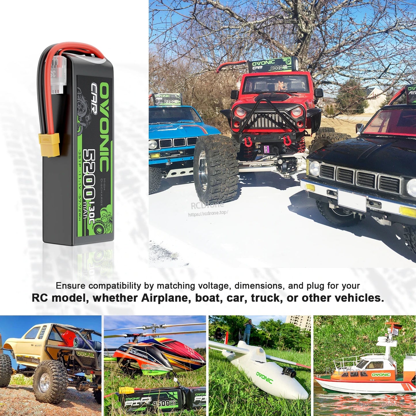 RC use cases collage with battery and vehicles: car, truck, helicopter, airplane and boat