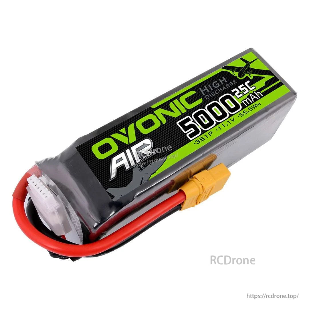 Ovonic 5000mAh 3S1P 11.1V 25C LiPo battery pack angled view with XT90 plug and balance lead