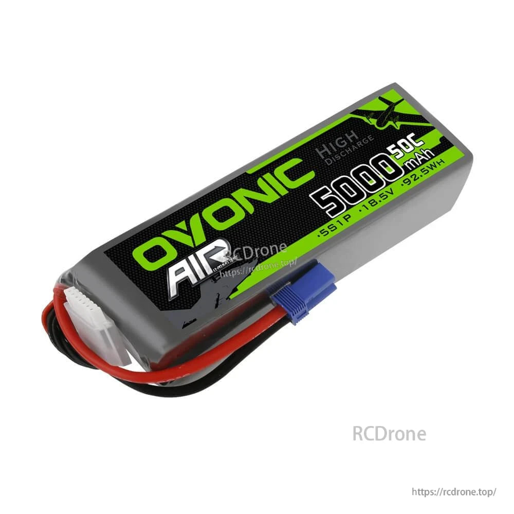 Ovonic AIR 5000mAh 5S1P LiPo battery angled view showing wiring and balance connector end