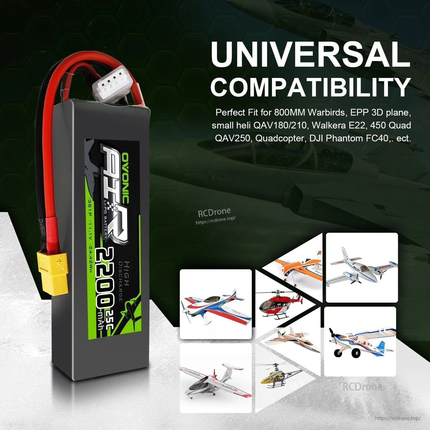 Universal compatibility graphic showing LiPo battery used for RC airplanes, helicopters and drones