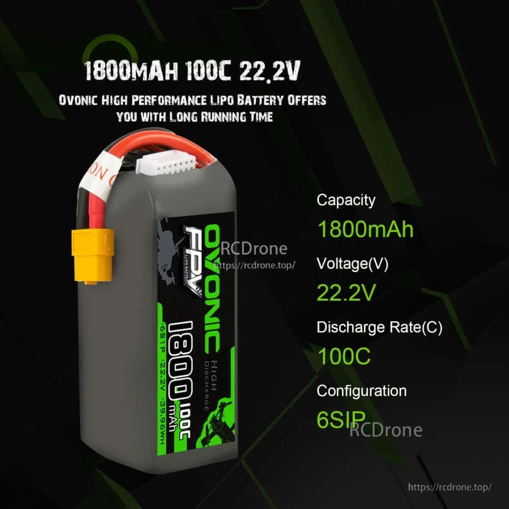 Ovonic FPV 6S 1800mAh 22.2V 100C LiPo battery specs graphic showing capacity, voltage, 100C, 6S1P