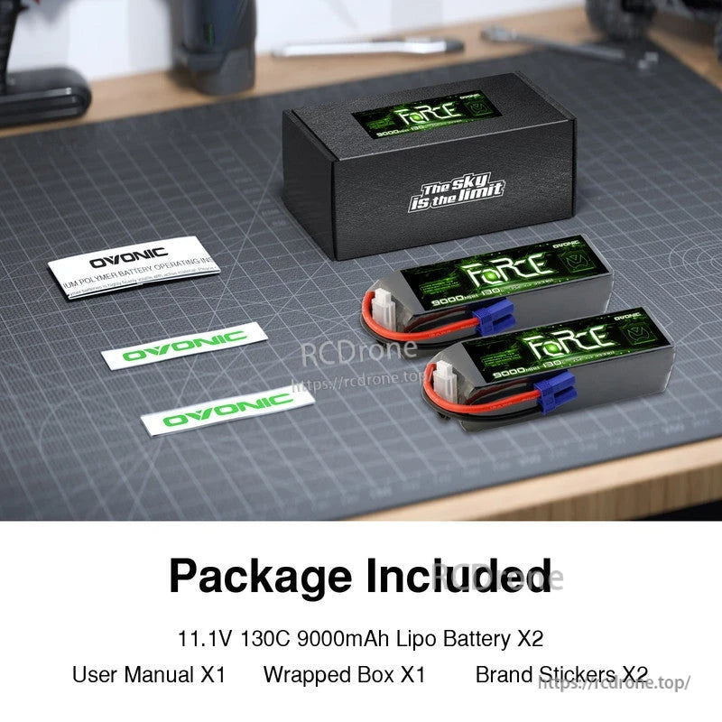 Package contents: 2 Ovonic Force 11.1V 130C 9000mAh LiPo batteries, box, manual, brand stickers