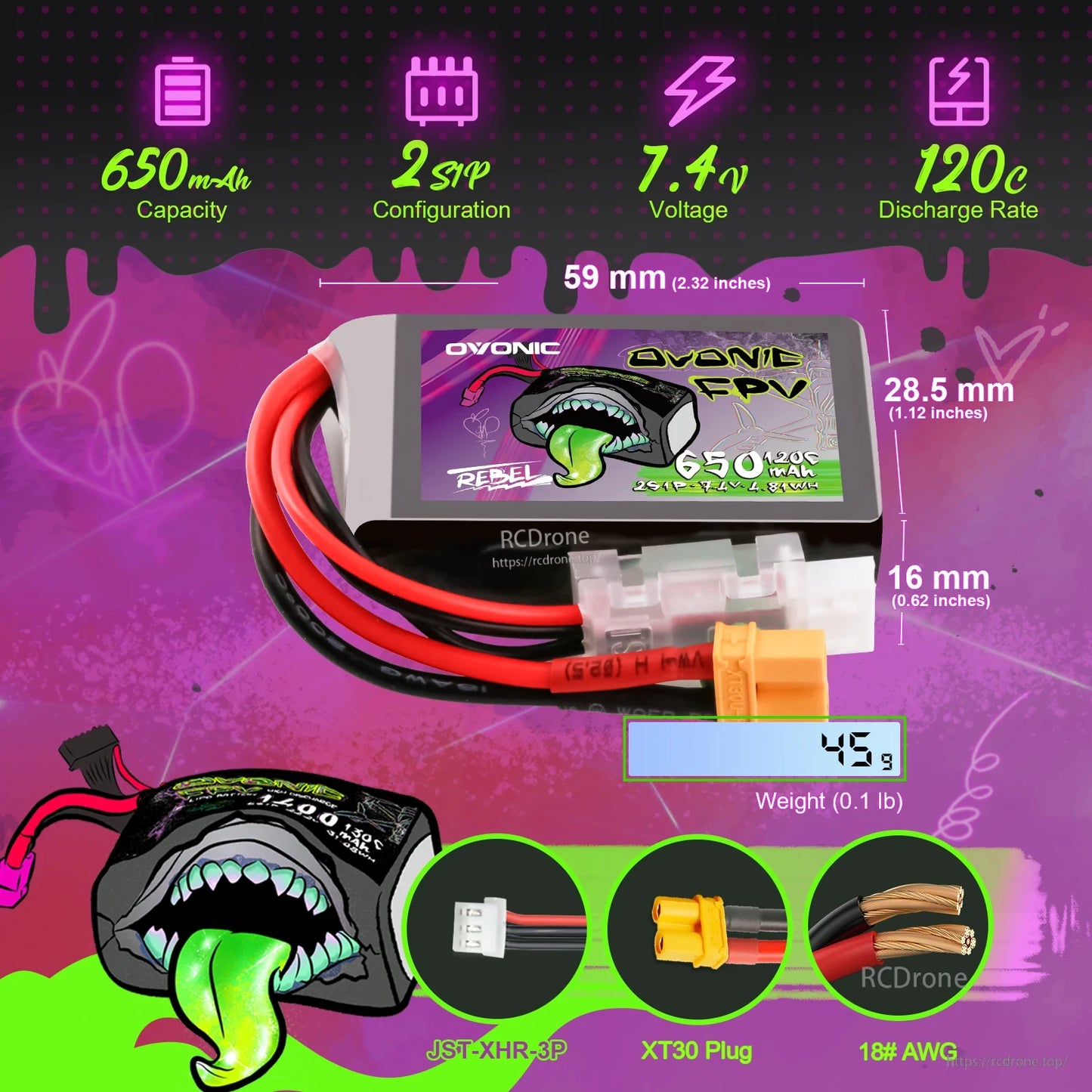 Battery specifications infographic with 650mAh 2S 7.4V 120C, dimensions 59×28.5×16 mm and 45 g weight