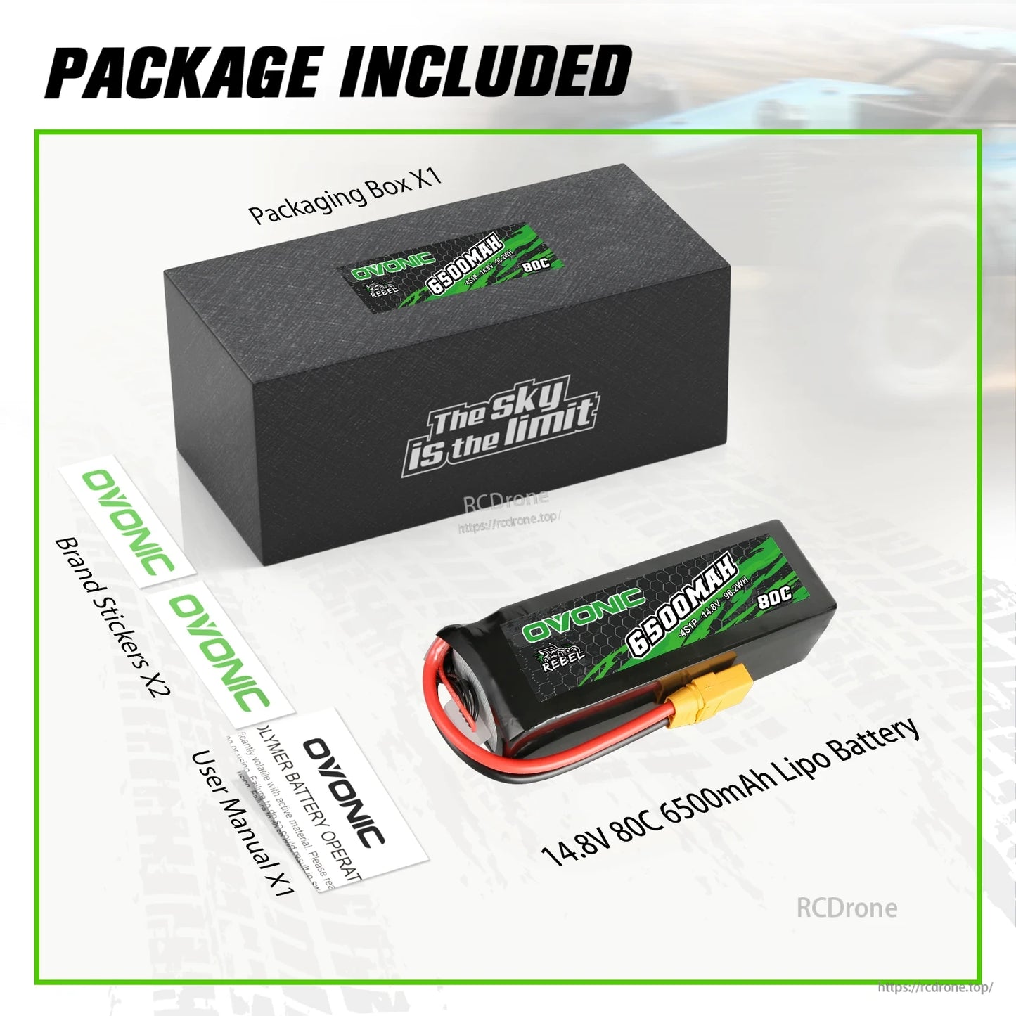Package contents with Ovonic 14.8V 6500mAh LiPo battery, box, brand stickers, and user manual