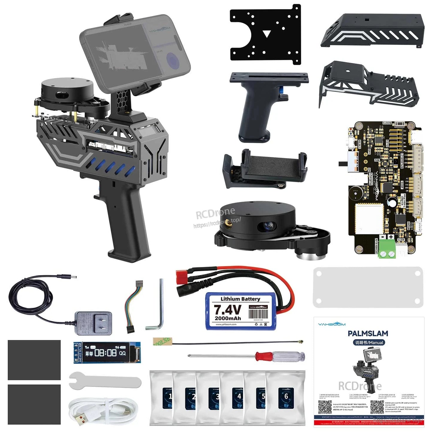 Kit contents with handheld body and low-profile LiDAR sensor module plus brackets, main board, battery, cables, tools