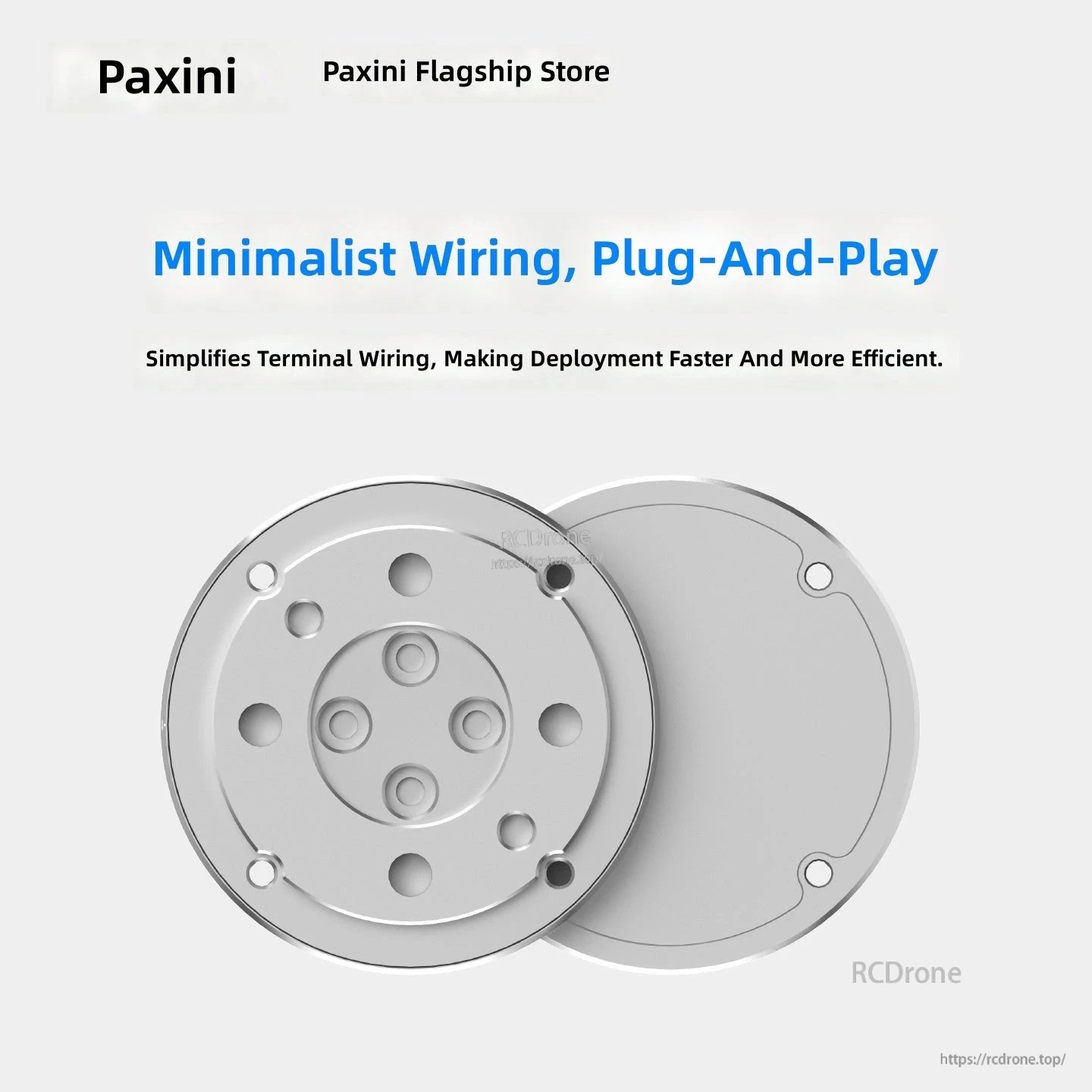 Top and bottom view diagram of circular PaXini force/torque sensor showing mounting holes and plug-and-play wiring note