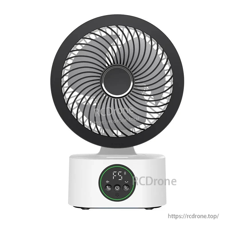 Black grille air circulator fan front view with digital control display on the base