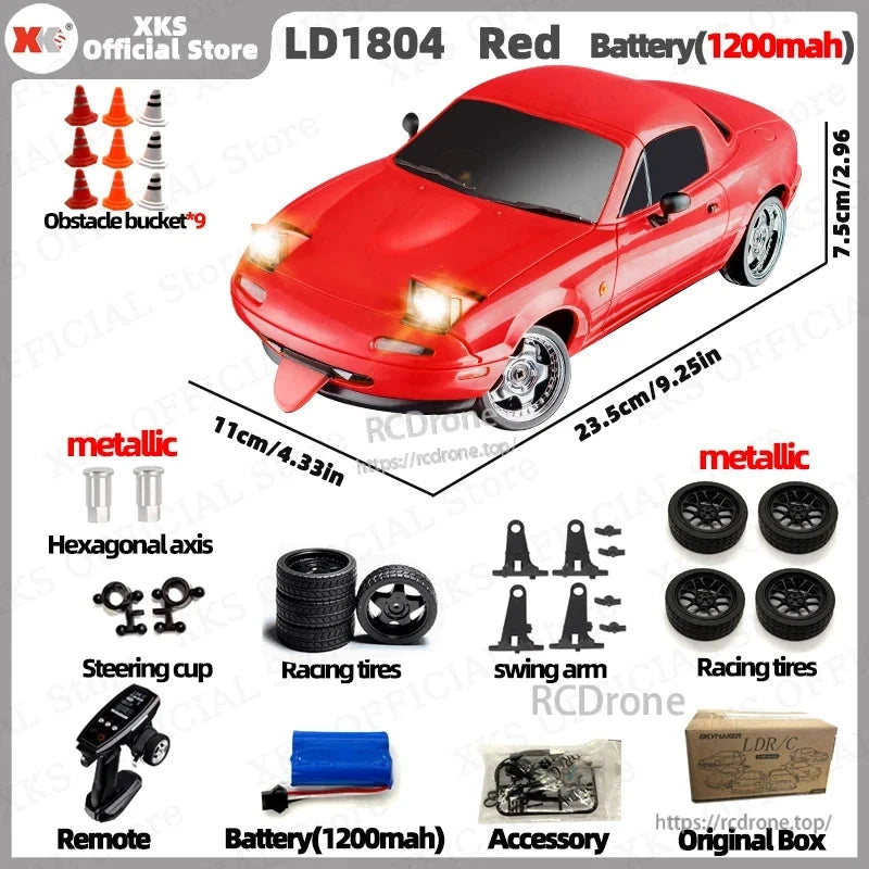 XKS LD1804 1/18 scale 2WD RC car with 2.4G control, LED lights, 7.4V 1200mAh battery, 30-min runtime, metal parts, racing tires, and 9 obstacle buckets for durable, realistic play.