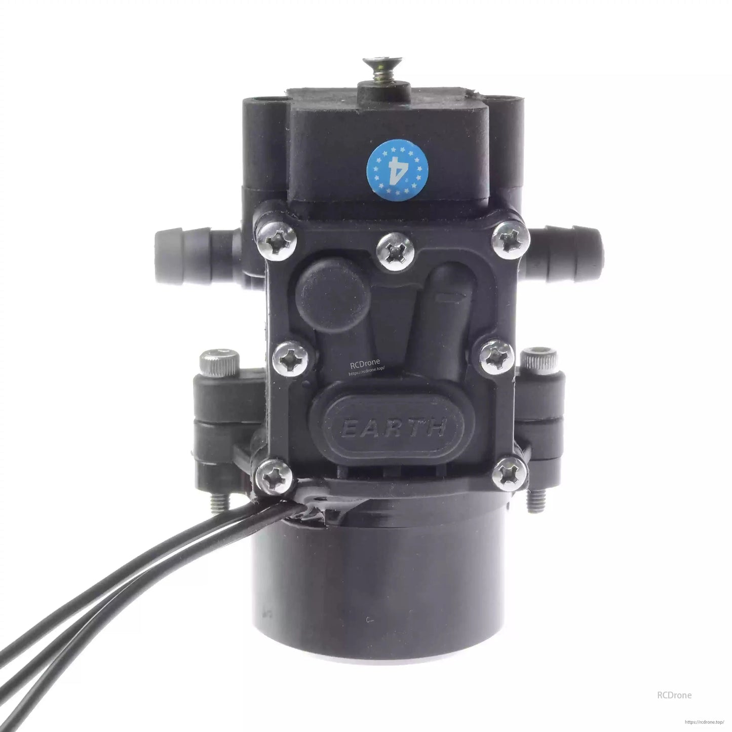 RCDrone DF 24V/48-58.8V Brushless Water Pump, RCDrone brushless water pump with dual hose barbs, screw-mounted head, and attached power leads, black housing