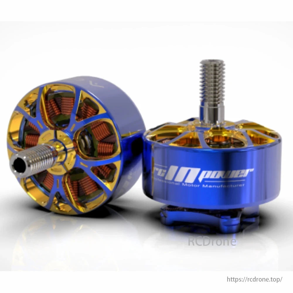 RCINPOWER AOS Supernova 2207 1980KV 6S brushless motor for 5-inch FPV freestyle drone, blue/gold design, by a professional manufacturer.