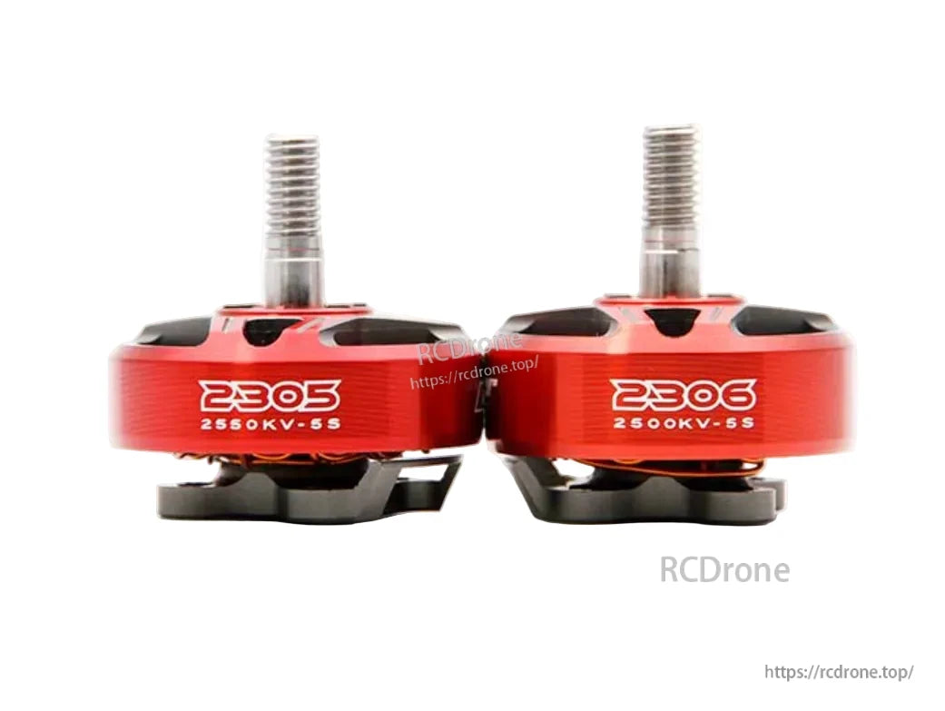 Two red FPV brushless drone motors with threaded shafts, labeled 2305 2550KV-5S and 2306 2500KV-5S.