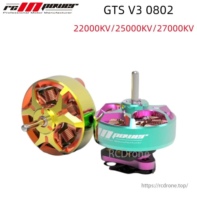RCINPOWER GTS V3 0802 micro brushless motor for 1S 1.6" FPV racing drone, available in 22000KV, 25000KV, 27000KV options.