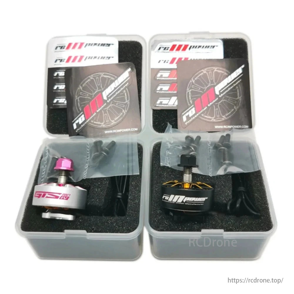 RCINPOWER GTS V4 2207 brushless motor for FPV racing drones, including screws and accessories.