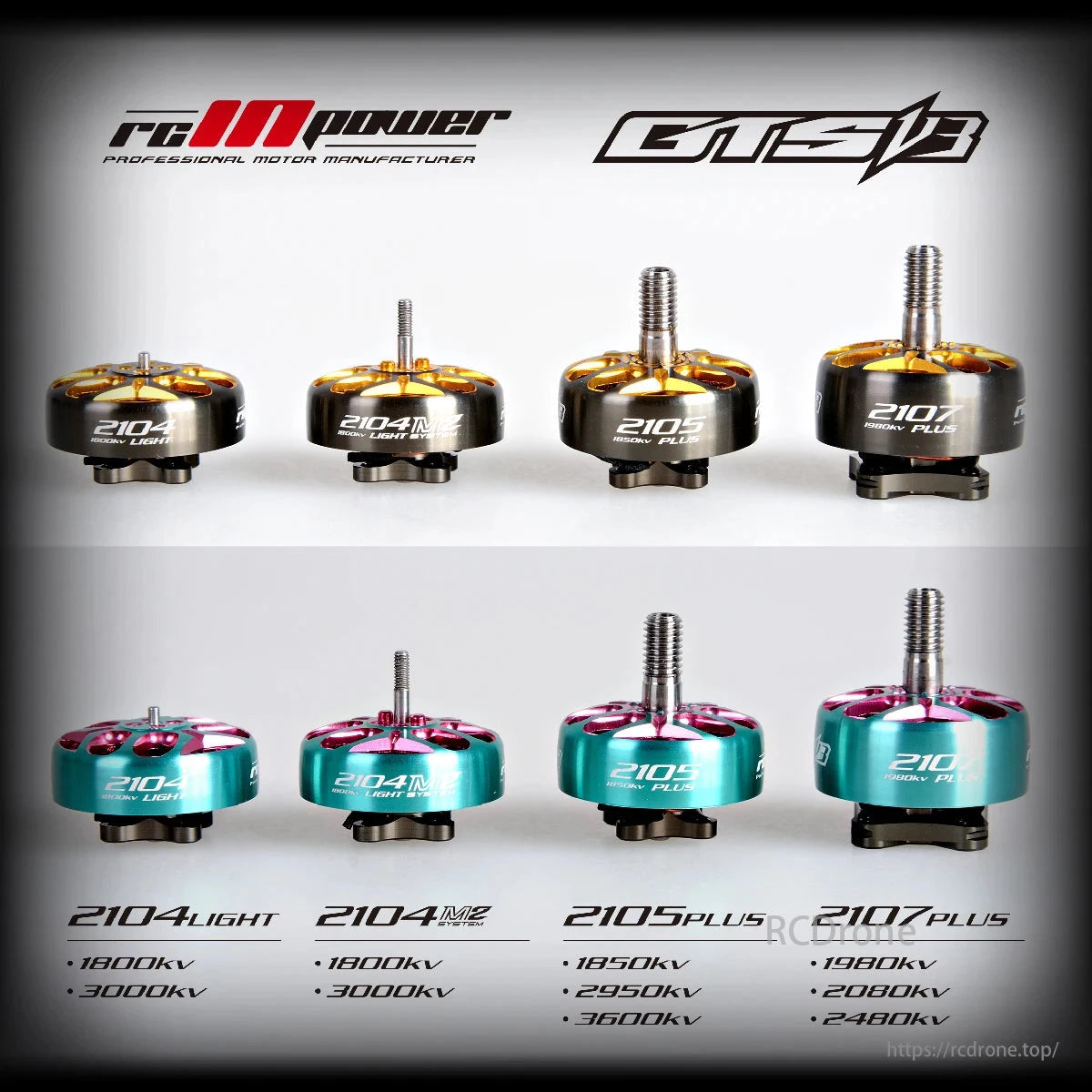 RCINPower GTS V3 2107 Plus brushless motor for FPV drones, with 1980KV, 2080KV, 2480KV options, for racing/freestyle, 4-6S compatibility.