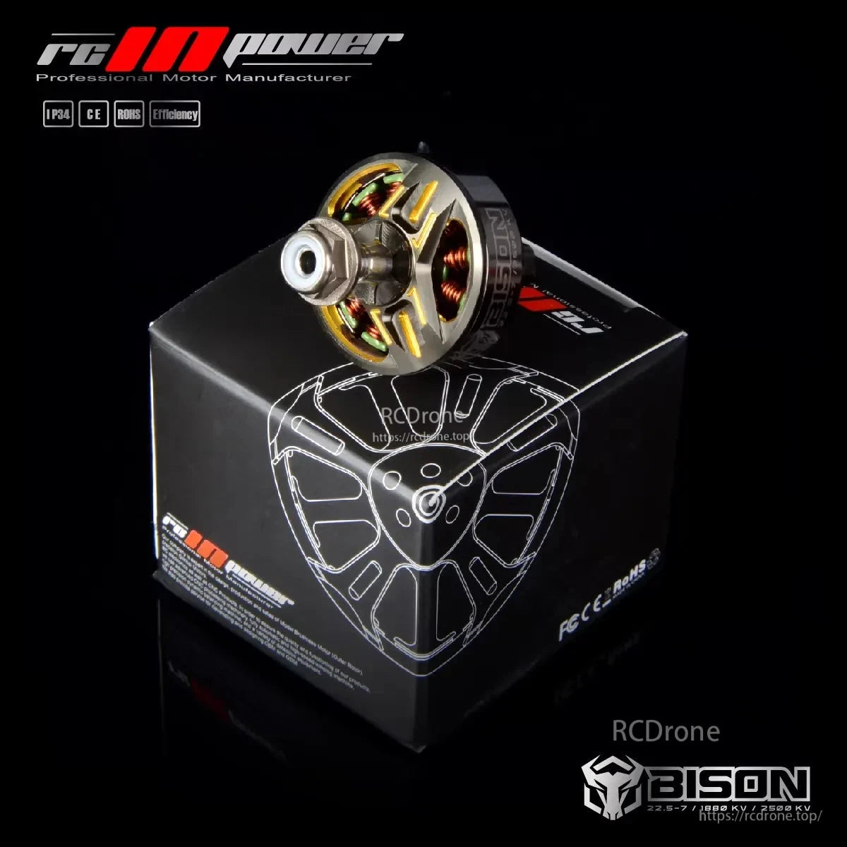 RCInpower Bison brushless FPV drone motor with exposed copper windings, mounted on branded box