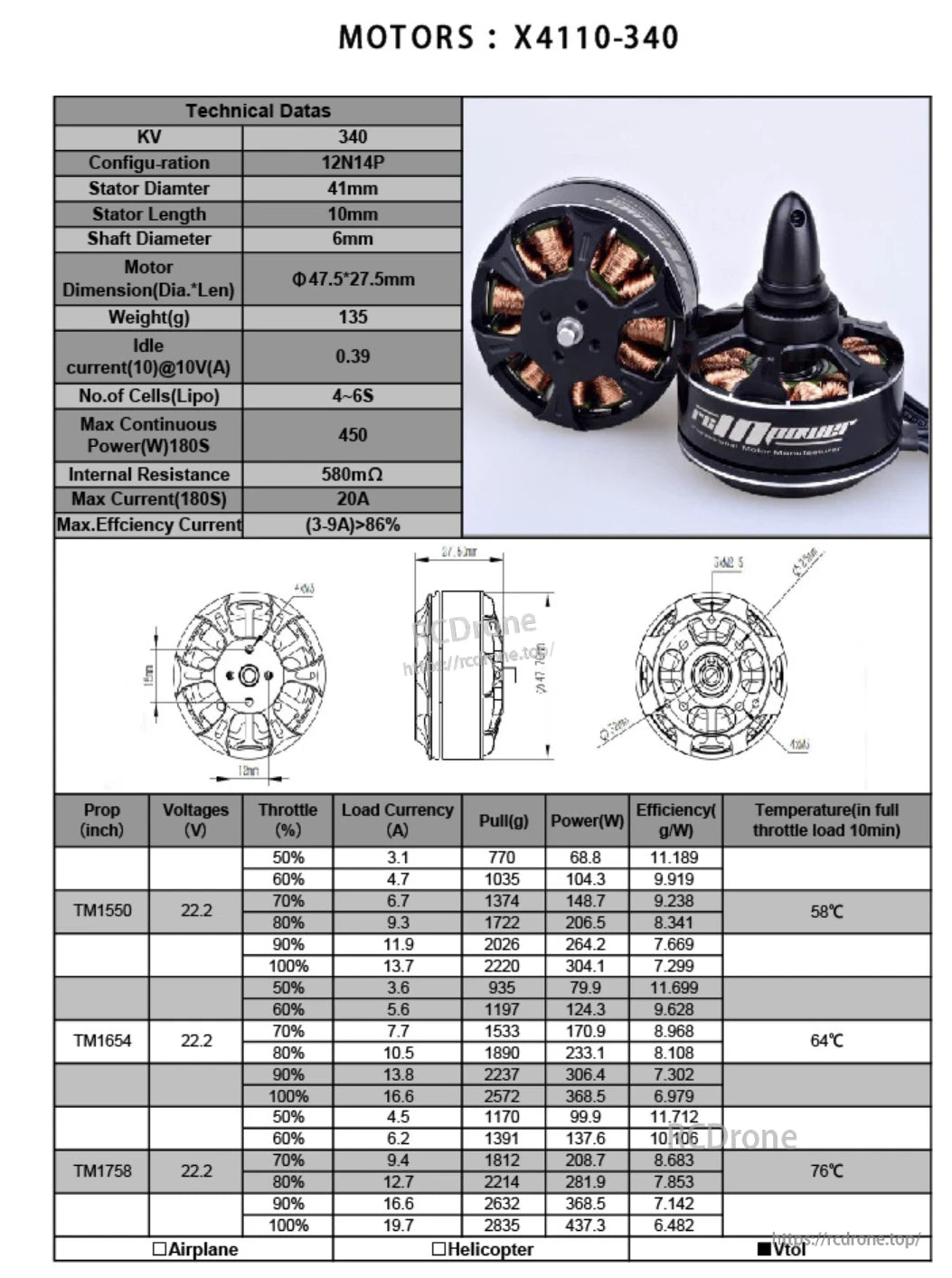 RCInpower X4110 Brushless Motor, RCInpower X4110-340 brushless motor with spec sheet showing 340KV, 6mm shaft, 4–6S support, and thrust table