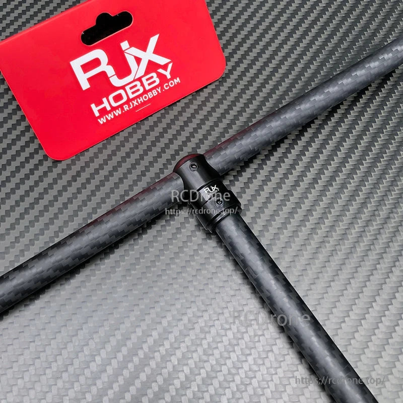 RJX Hobby aluminum alloy tee connector clamped onto carbon fiber tubes, 12mm tube joint for UAV landing gear