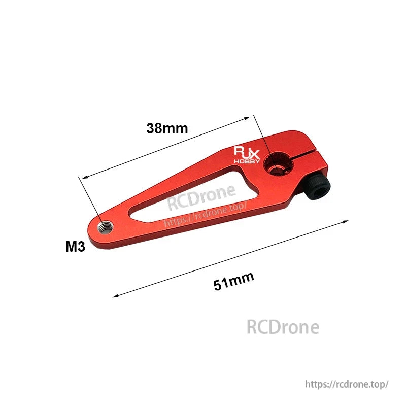 RJX 25T Aluminum Alloy CNC Servo Arm, Red RJX CNC aluminum 25T servo arm with clamping screw, M3 hole, and 51mm overall length (38mm reach)