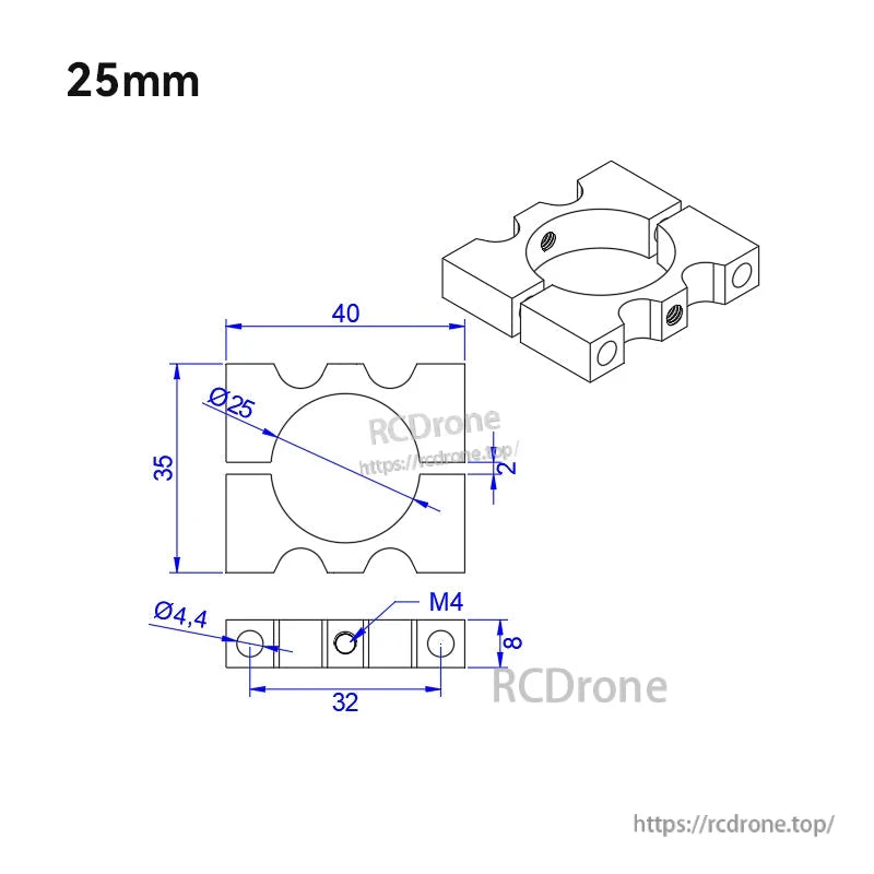 25mm aluminum tube clamp bracket drawing with two-piece pipe fixture, M4 holes, and 40x35mm dimensions