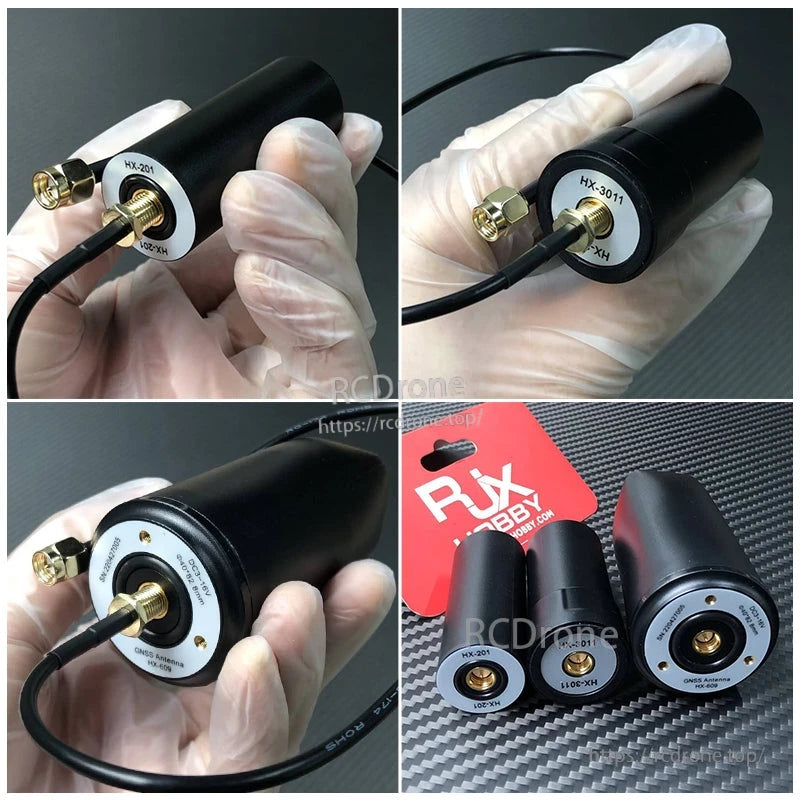 RJX GNSS RTK helix UAV antenna with black cylindrical body and SMA coax connector, model labels on base