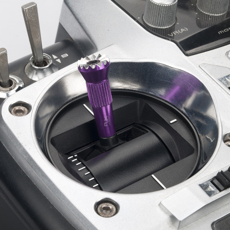 RJXHOBBY 2pcs M4 Aluminum Transmitter Stick, Purple anodized aluminum M4 transmitter stick installed on RC radio gimbal with knurled grip and serrated top