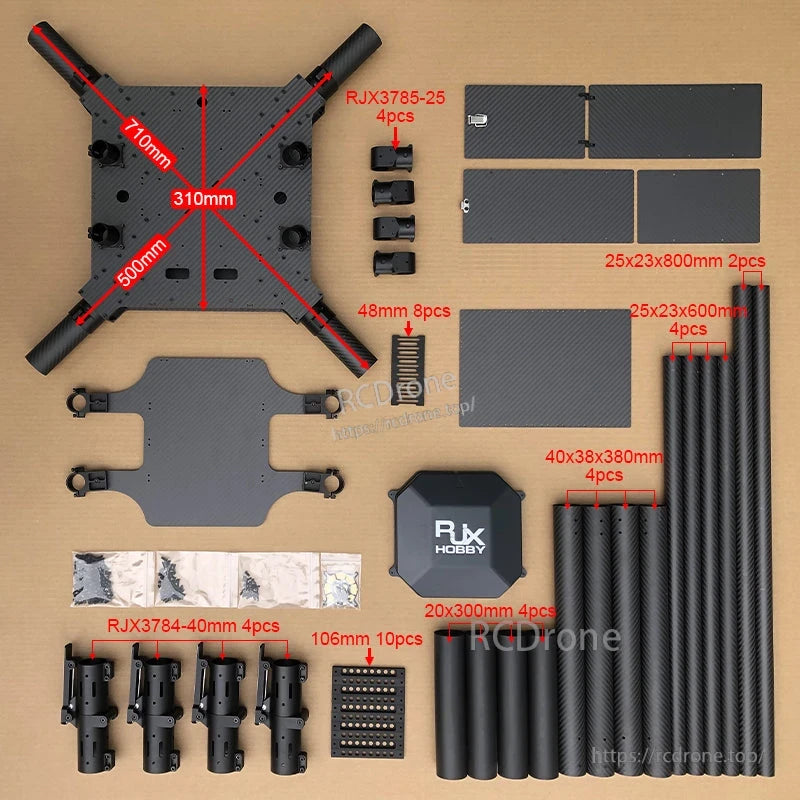 RJX1450 carbon fiber folding quadcopter frame kit with plates, tubes, clamps and hardware laid out