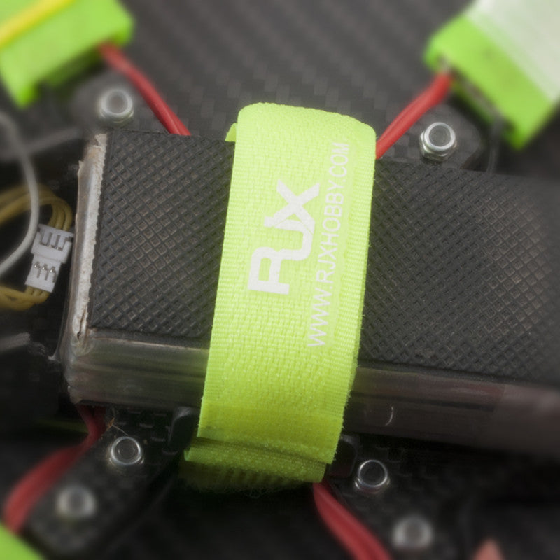 RJXHOBBY 20mm Nylon Battery Strap, RJXHOBBY 20mm green nylon battery strap with hook-and-loop closure securing a LiPo pack on an RC frame