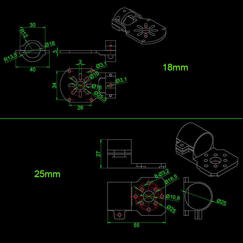 RJXHOBBY Основа двигуна з алюмінієвого сплаву підходить для багатоосьових фітингів 12 мм/16 мм/18 мм/25 мм карбонової труби.