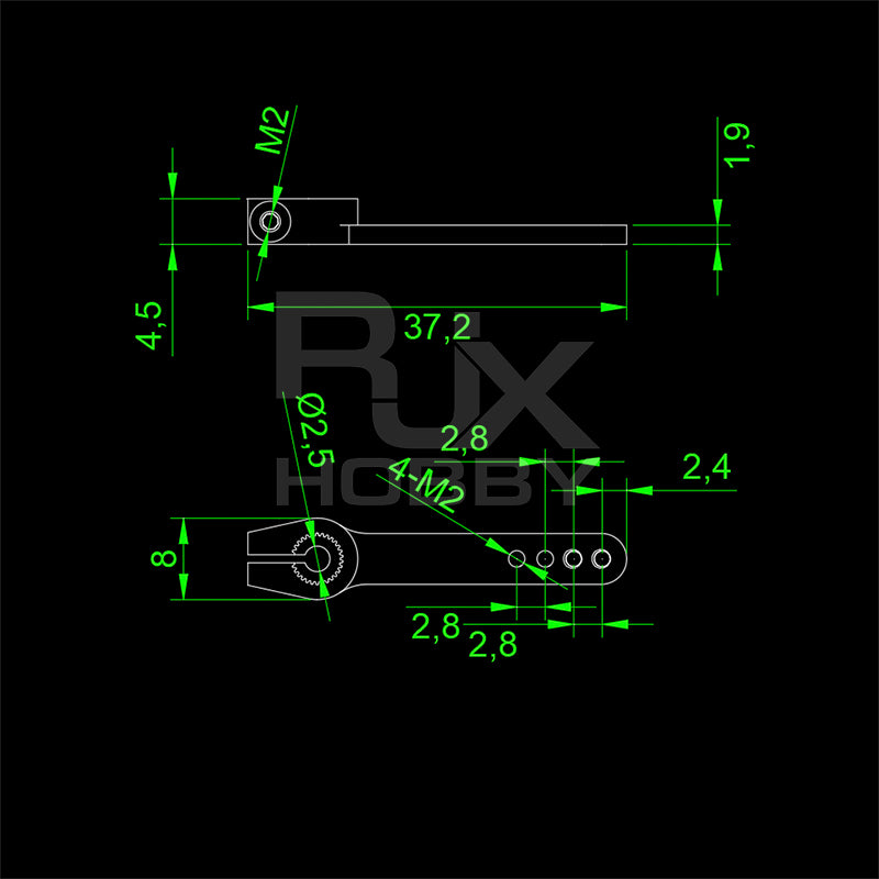 Dimension diagram of RJX 25T metal micro servo arm for GDW 296, showing 37.2 mm length and M2/M3 holes