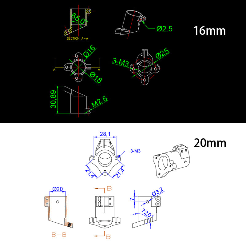 RJX 1PC D16/D20/D25/D30mm Tripod Fixed Mount, Dimensioned drawing of RJX tripod fixed mount clamp for 16mm and 20mm tubes with 3×M3 holes
