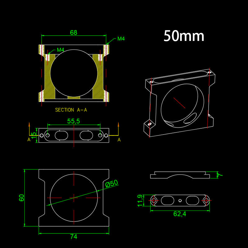 RJX 1pcs Aluminum Pipe Clamp, Technical drawing of aluminum pipe clamp for 50mm diameter tube with M4 mounting holes and dimensions