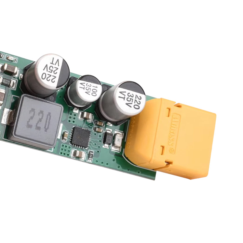 RJX XT60 Plug LiPo to USB Type-C Charger, Close-up of LiPo power converter PCB with yellow XT60 connector, inductor marked 220, and 35V capacitors