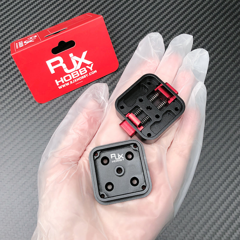 RJX Drone Quick Release Mount, RJX Hobby drone quick release mount kit with spring-loaded latch base, matching plate, and mounting holes