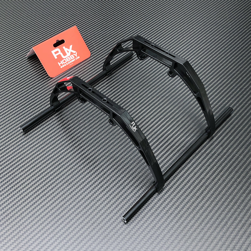 Black RJX frame landing gear set with dual arched struts and tubular skids for RC aircraft frames