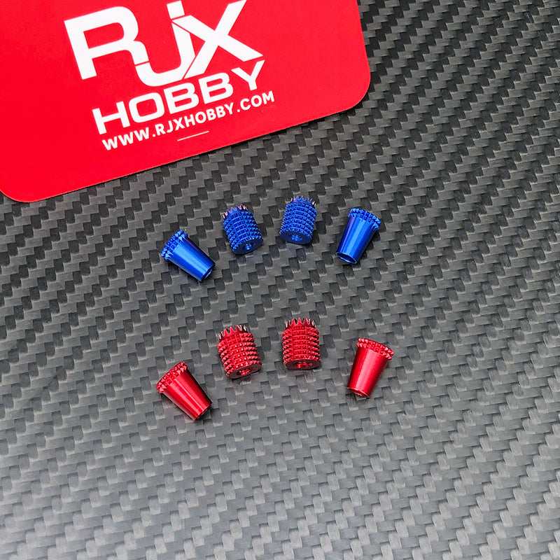 RJX aluminum gimbal thumb stick set with eight knurled stick ends in blue and red