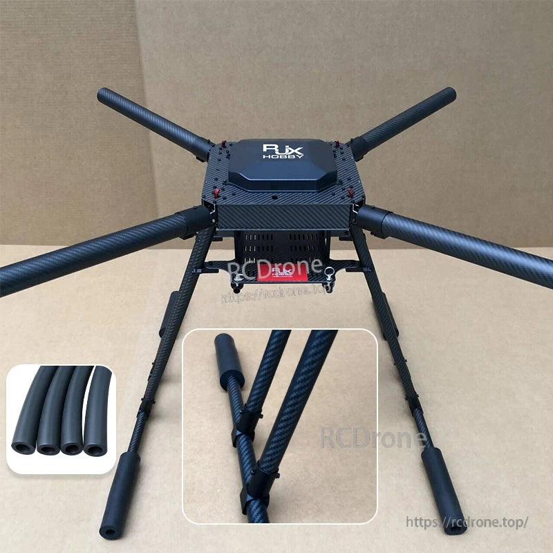 Black sponge damping sleeves installed on UAV landing gear legs, with inset showing multiple foam protection tubes