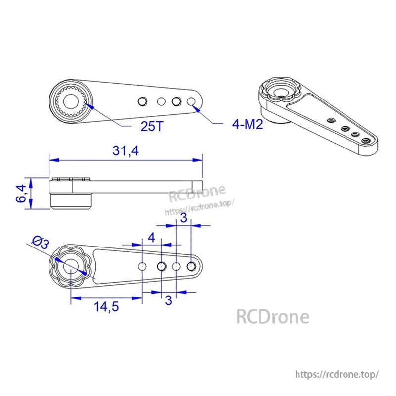 RJXHOBBY 25T Aluminum Servo Arm, Technical drawing of 25T aluminum servo arm with four M2 mounting holes and 31.4 mm length dimensions